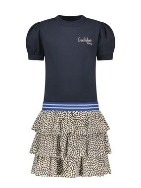 Girls Navy Puff-Sleeve Dress with Leopard Tiered Skirt